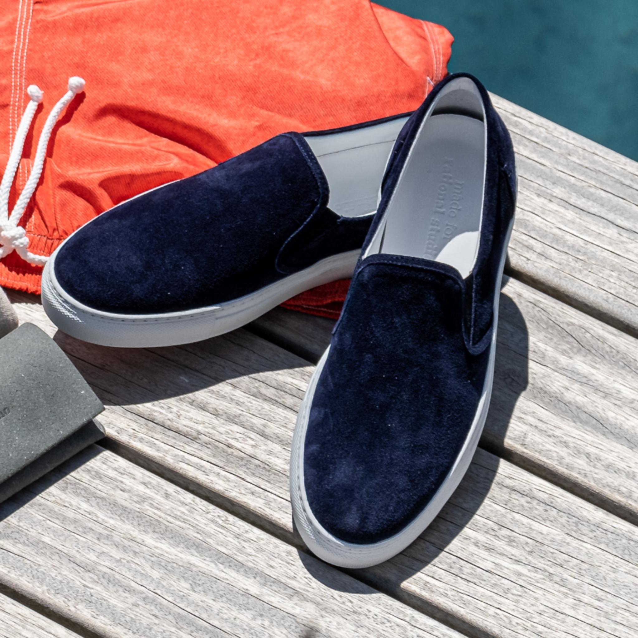 Blue suede slip store on shoes